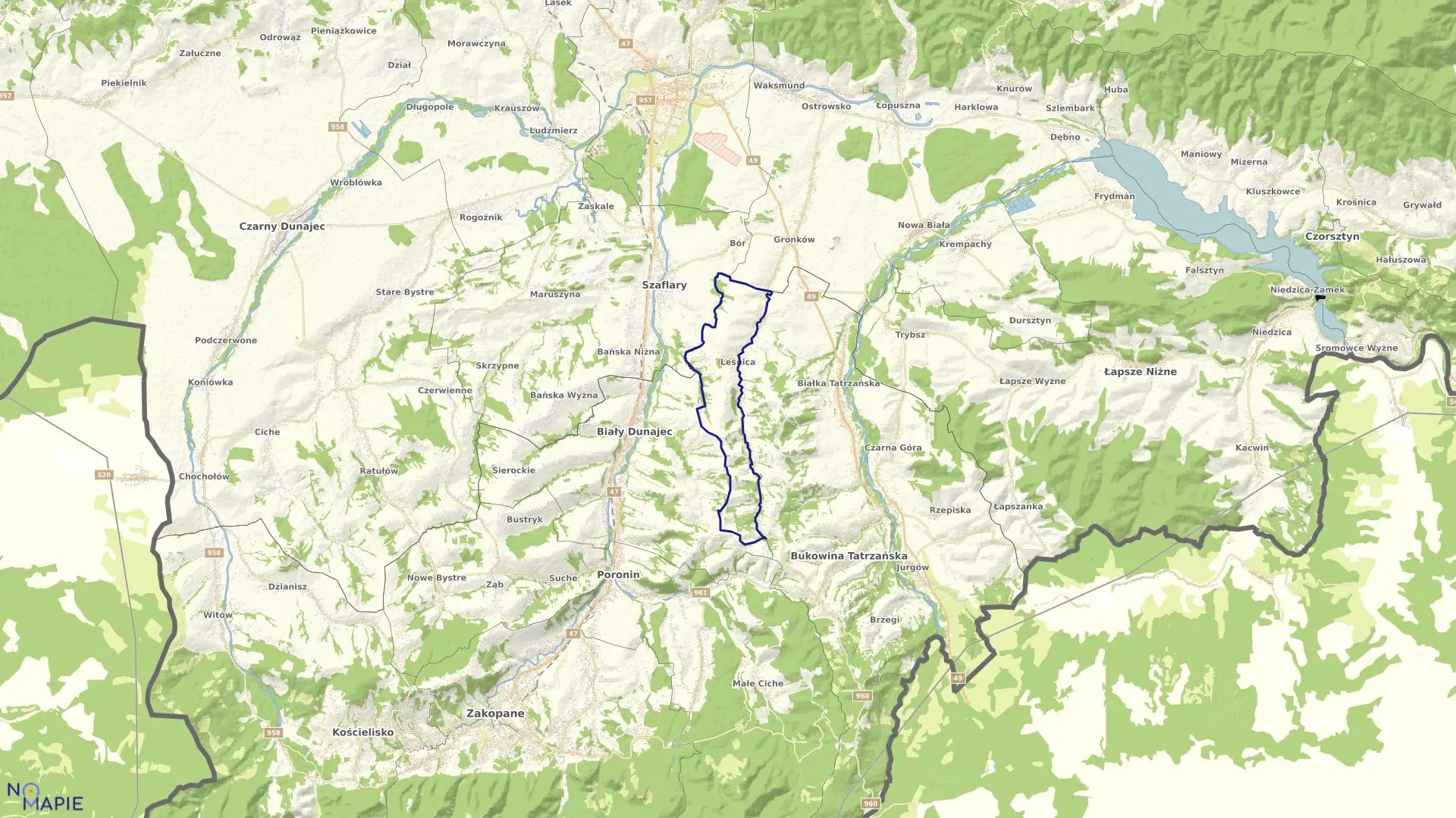 Mapa obrębu Leśnica w gminie Bukowina Tatrzańska